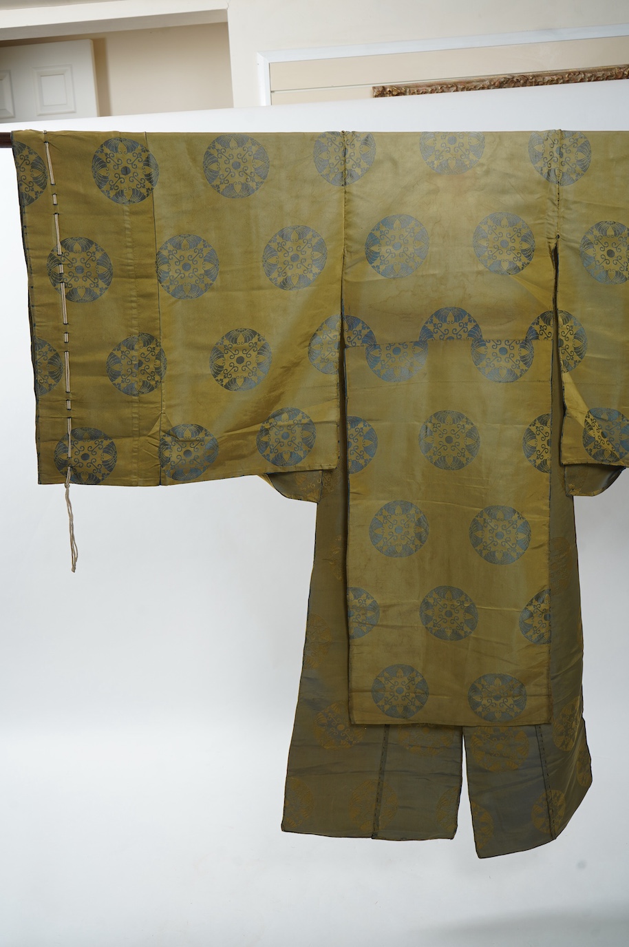 Two 1880-1920 Japanese green silk damask Kariginu, ‘hunting cloth’ robes, worn not as ‘hunting robes’ at this period, but as day wear for high ranking male Imperial Court nobles, traditionally worn with a sash at the wai